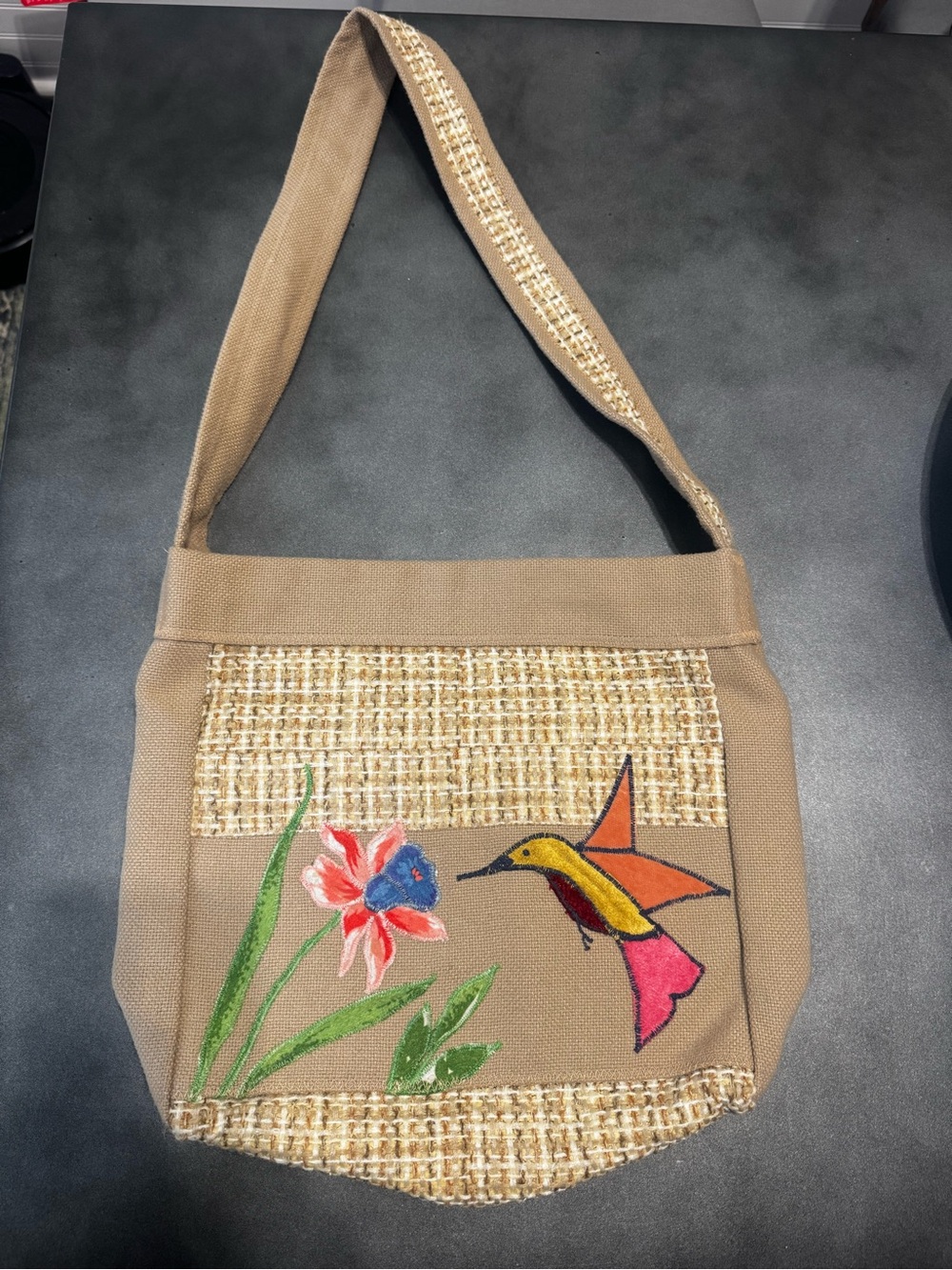 Hand-Painted Hummingbird Floral Canvas Shoulder Bag - Beige